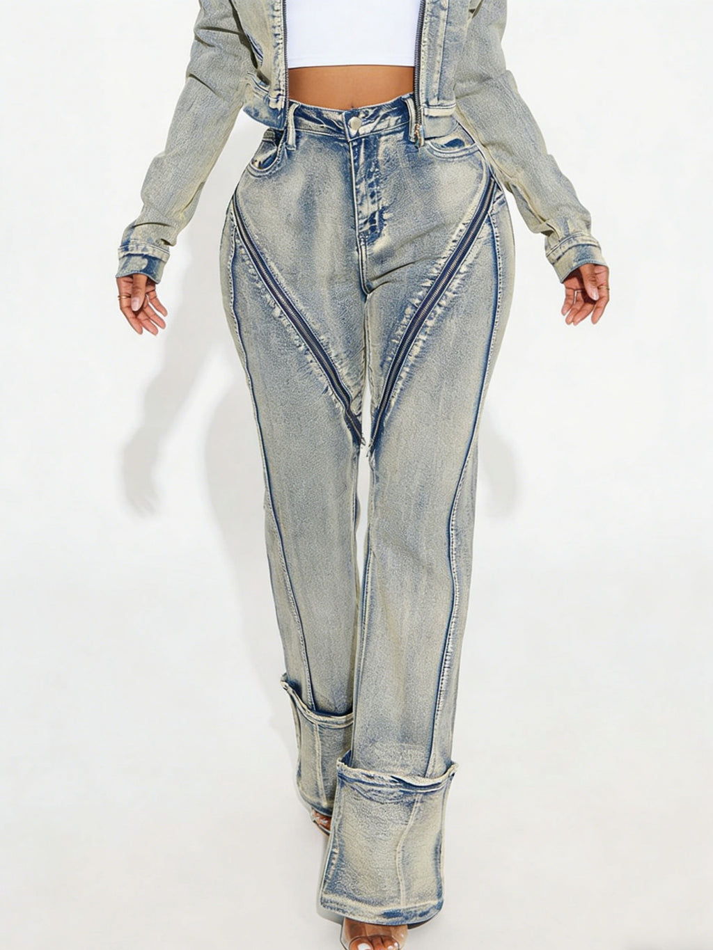 Women's High Elasticity Washed Zipper Denim Pants