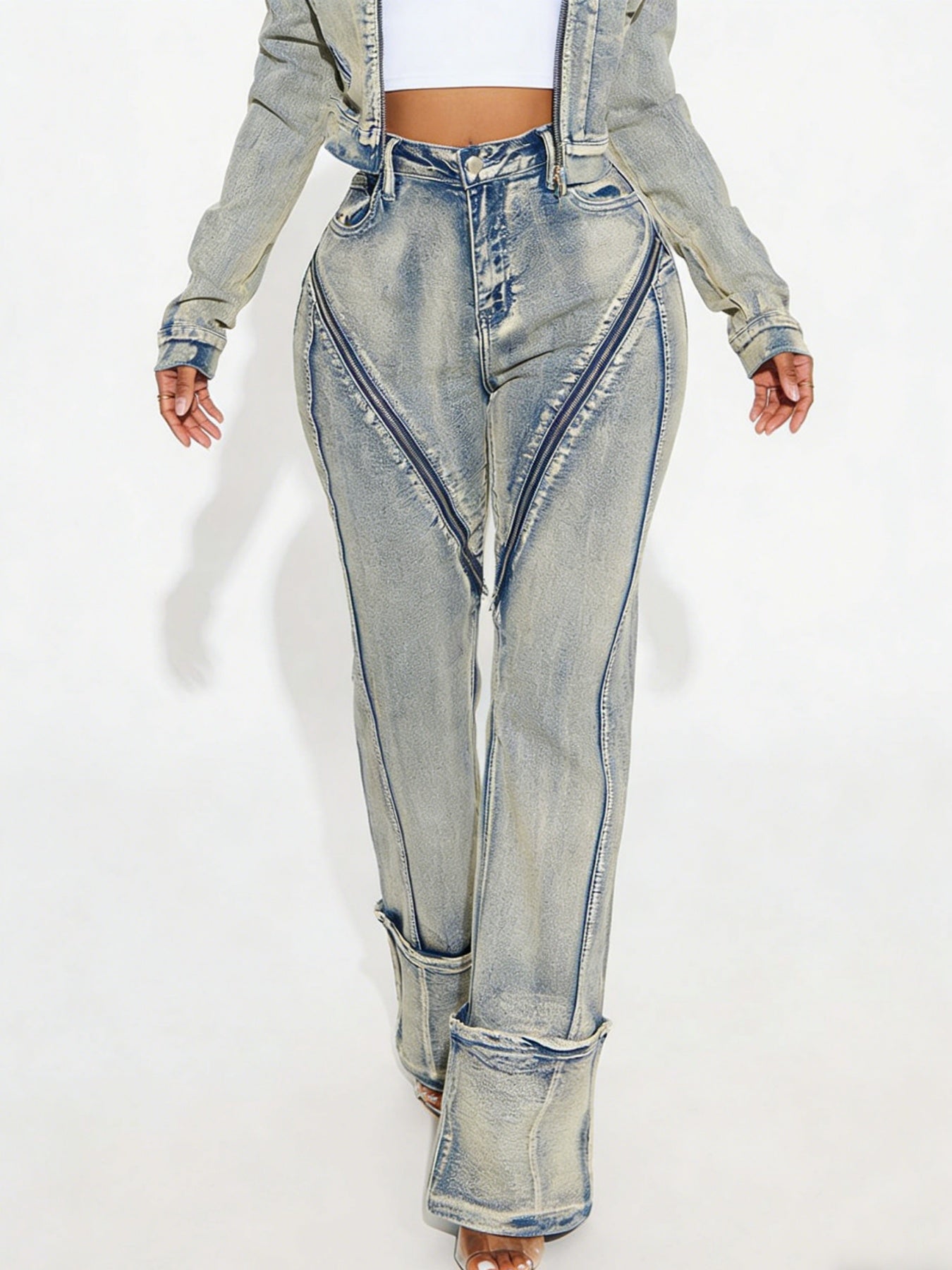 Women's High Elasticity Washed Zipper Denim Pants
