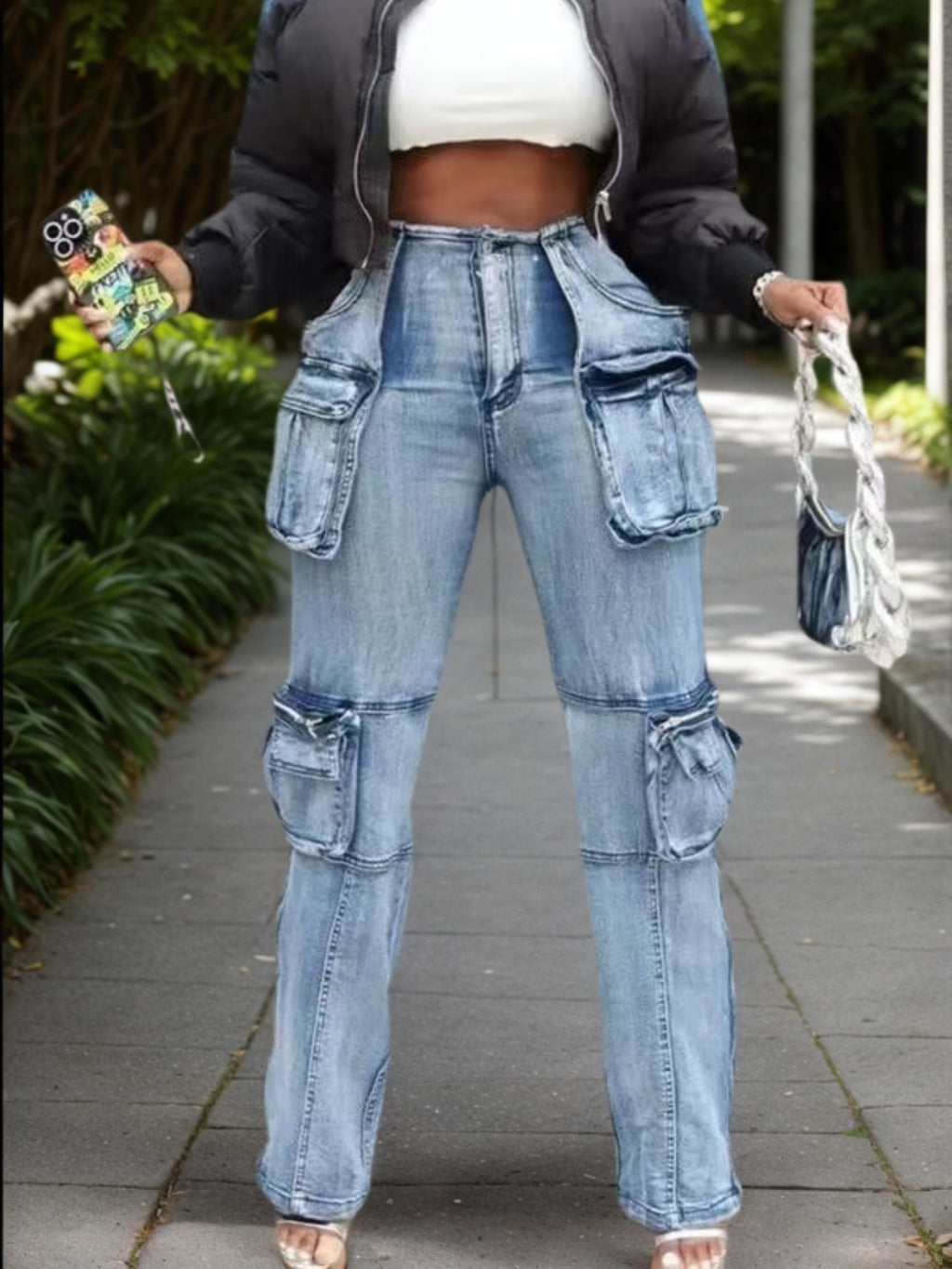 Women's Multi-Pocket Mid-Waist Straight-Cut Jeans