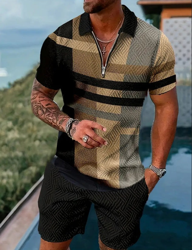 LeJean Resort Polo Short Set | Men's Textured Matching Set