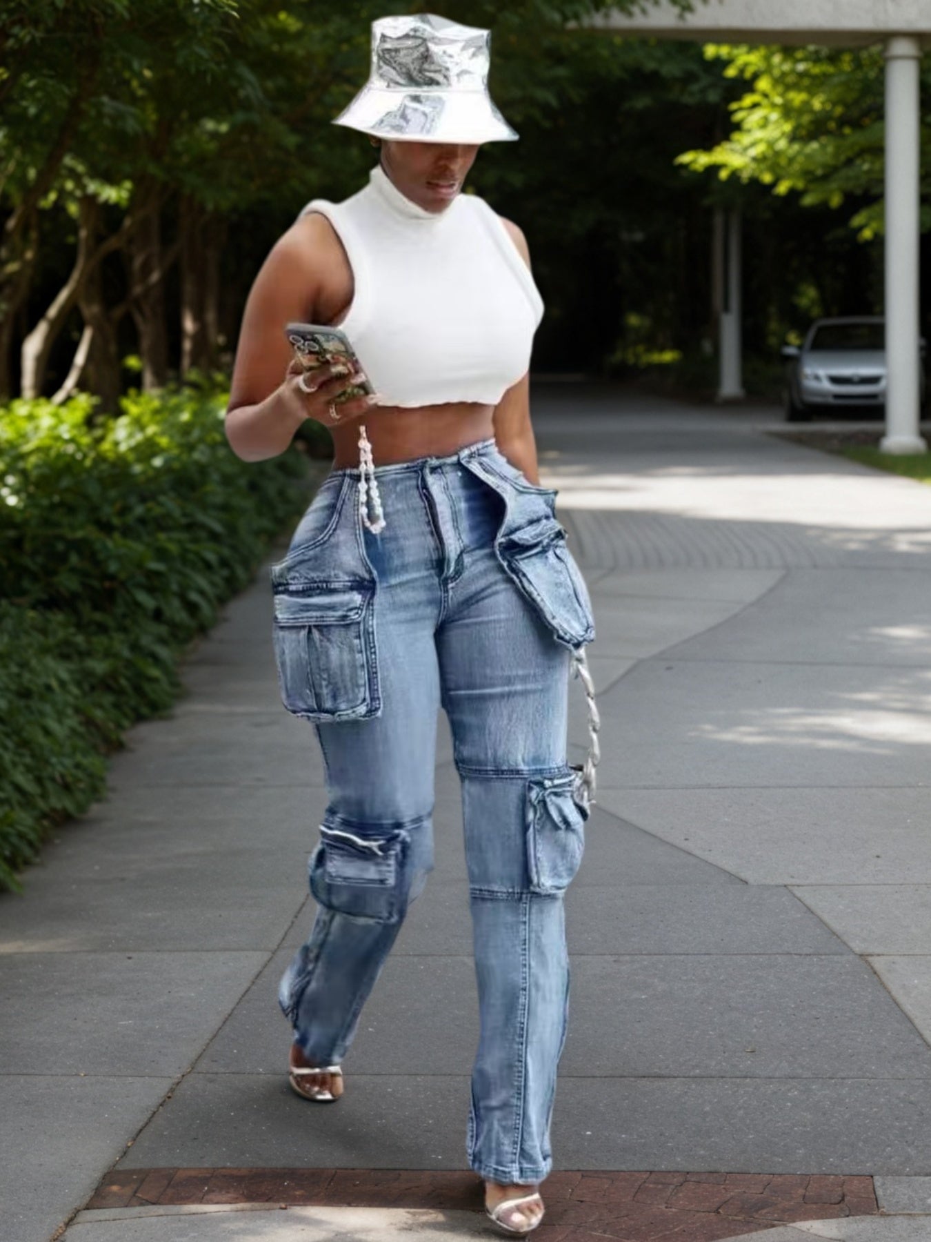 Women's Multi-Pocket Mid-Waist Straight-Cut Jeans