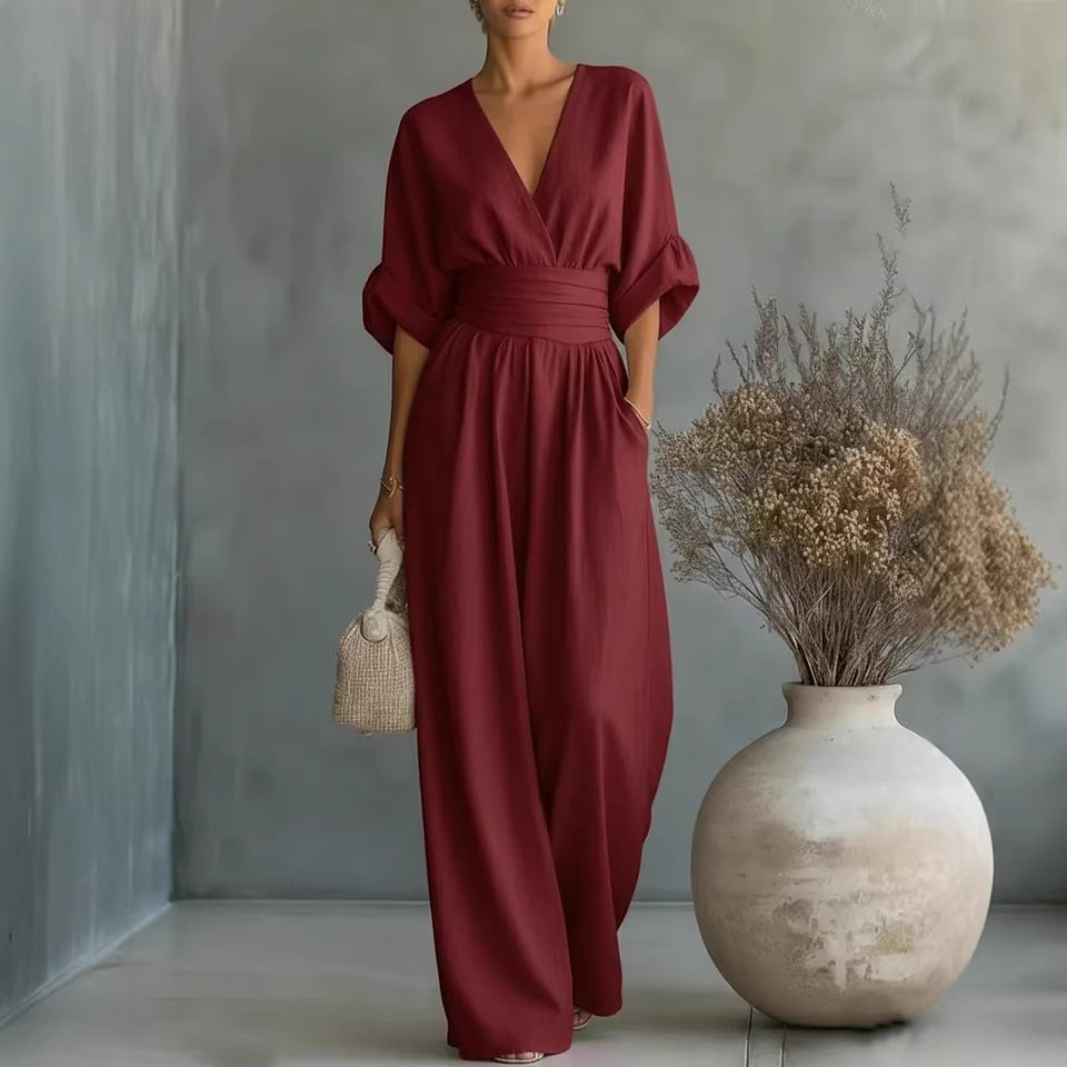 Effortless Grace Wide-Leg Jumpsuit | V-Neck Relaxed Fit Travel Jumpsuit