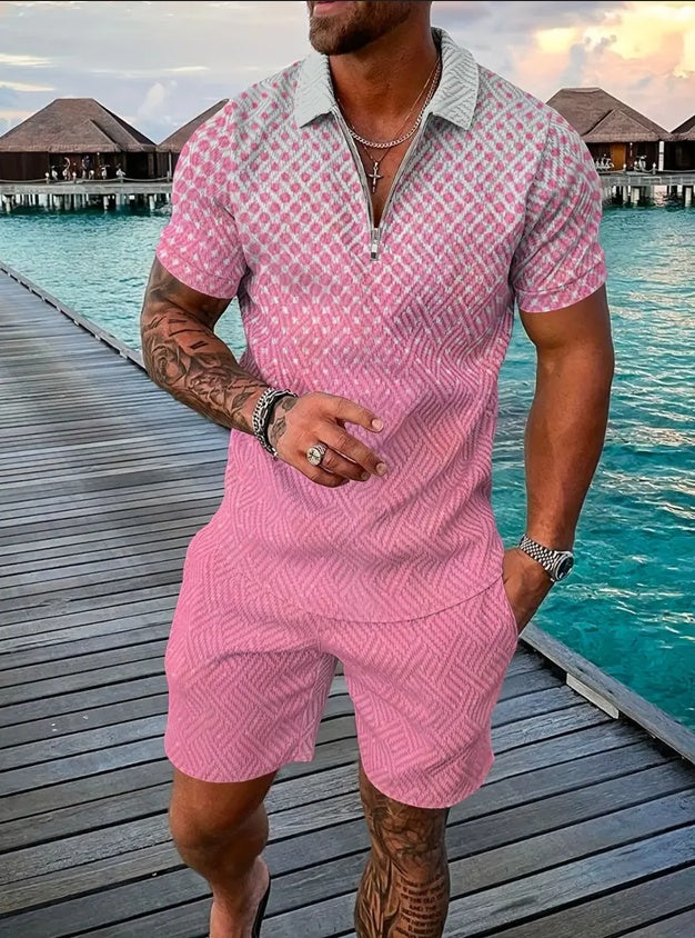 LeJean Resort Polo Short Set | Men's Textured Matching Set