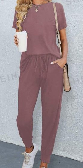 Women's Solid Round Neck Tee & Pants Set