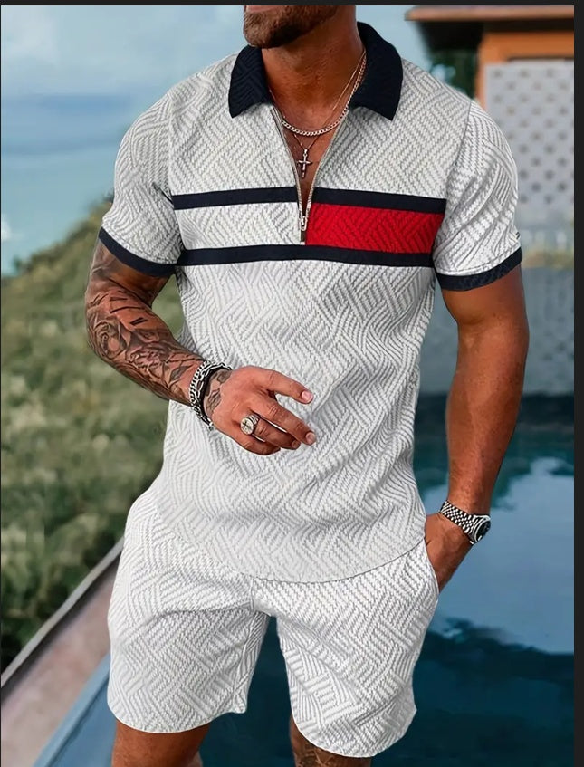 LeJean Resort Polo Short Set | Men's Textured Matching Set