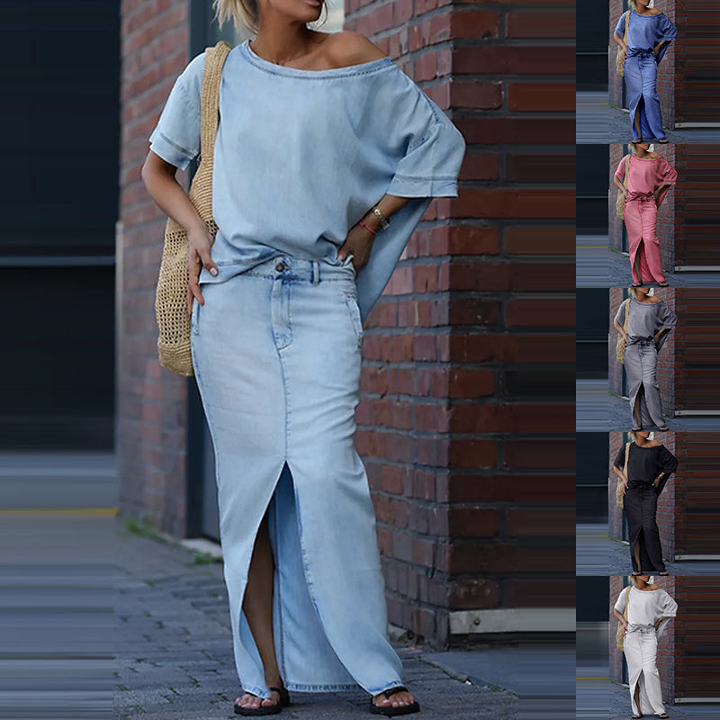 City Chic Two-Piece Skirt Set | Relaxed Top & High-Slit Maxi Skirt Set