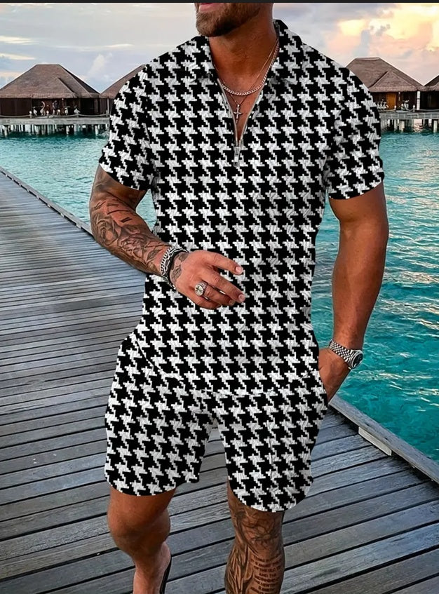 LeJean Resort Polo Short Set | Men's Textured Matching Set