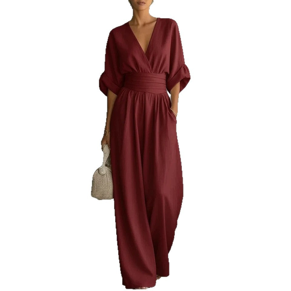 Effortless Grace Wide-Leg Jumpsuit | V-Neck Relaxed Fit Travel Jumpsuit