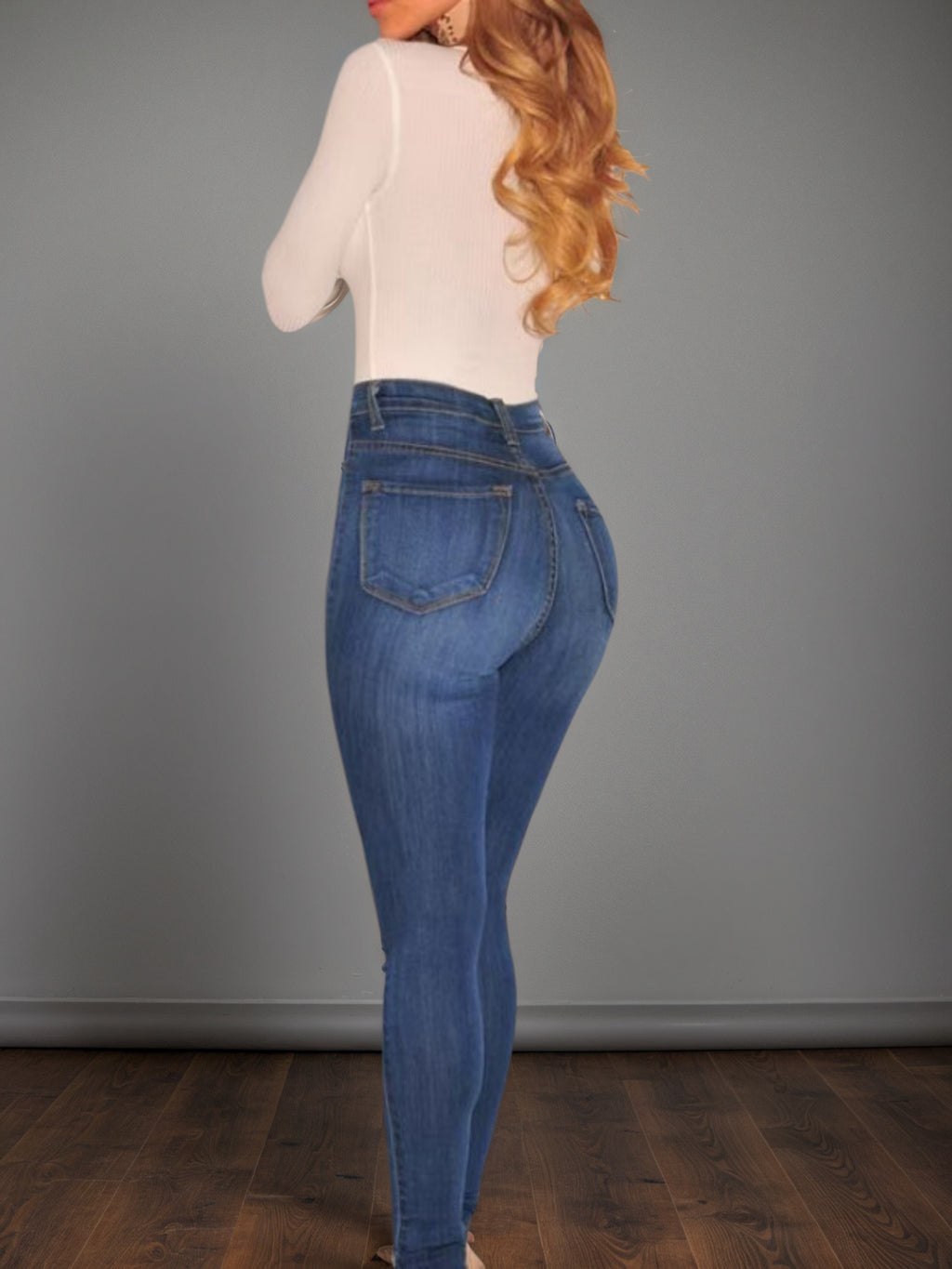 Women's Mid Blue High Waisted Buckle Tight Jeans
