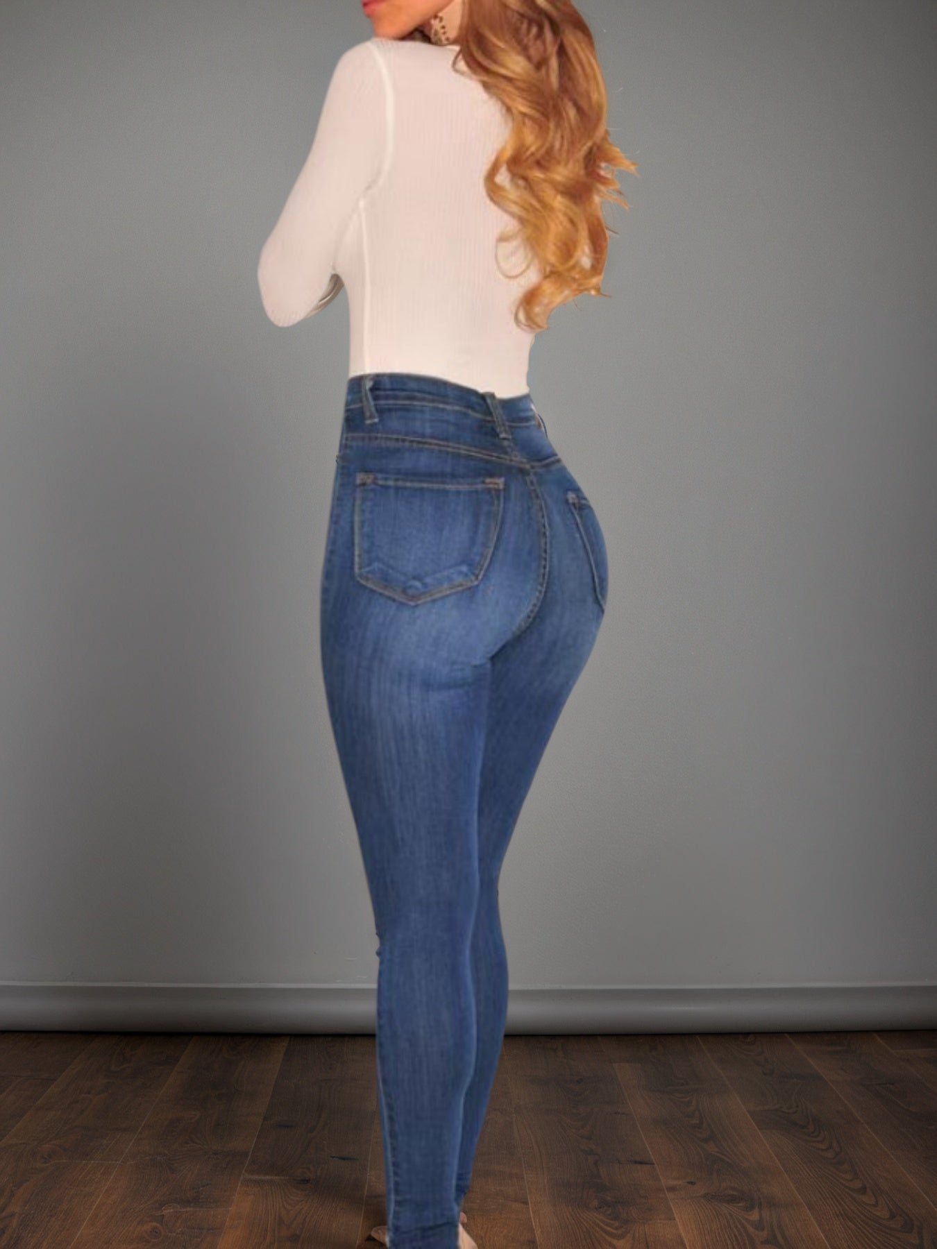 Women's Mid Blue High Waisted Buckle Tight Jeans
