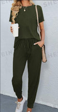 Women's Solid Round Neck Tee & Pants Set