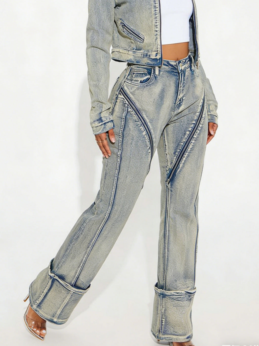 Women's High Elasticity Washed Zipper Denim Pants