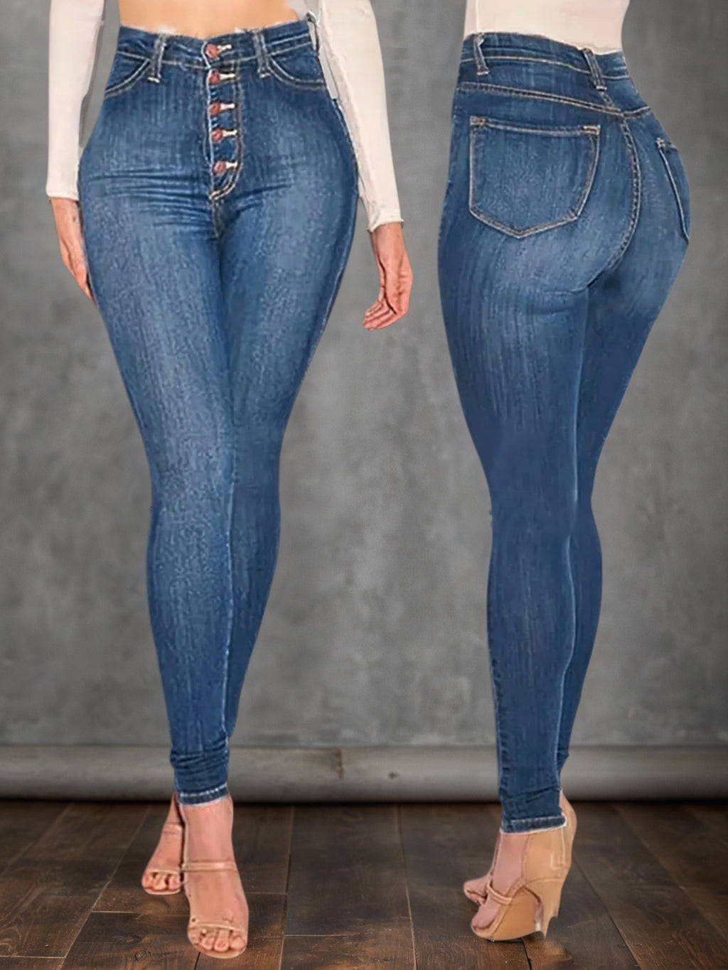 Women's Mid Blue High Waisted Buckle Tight Jeans