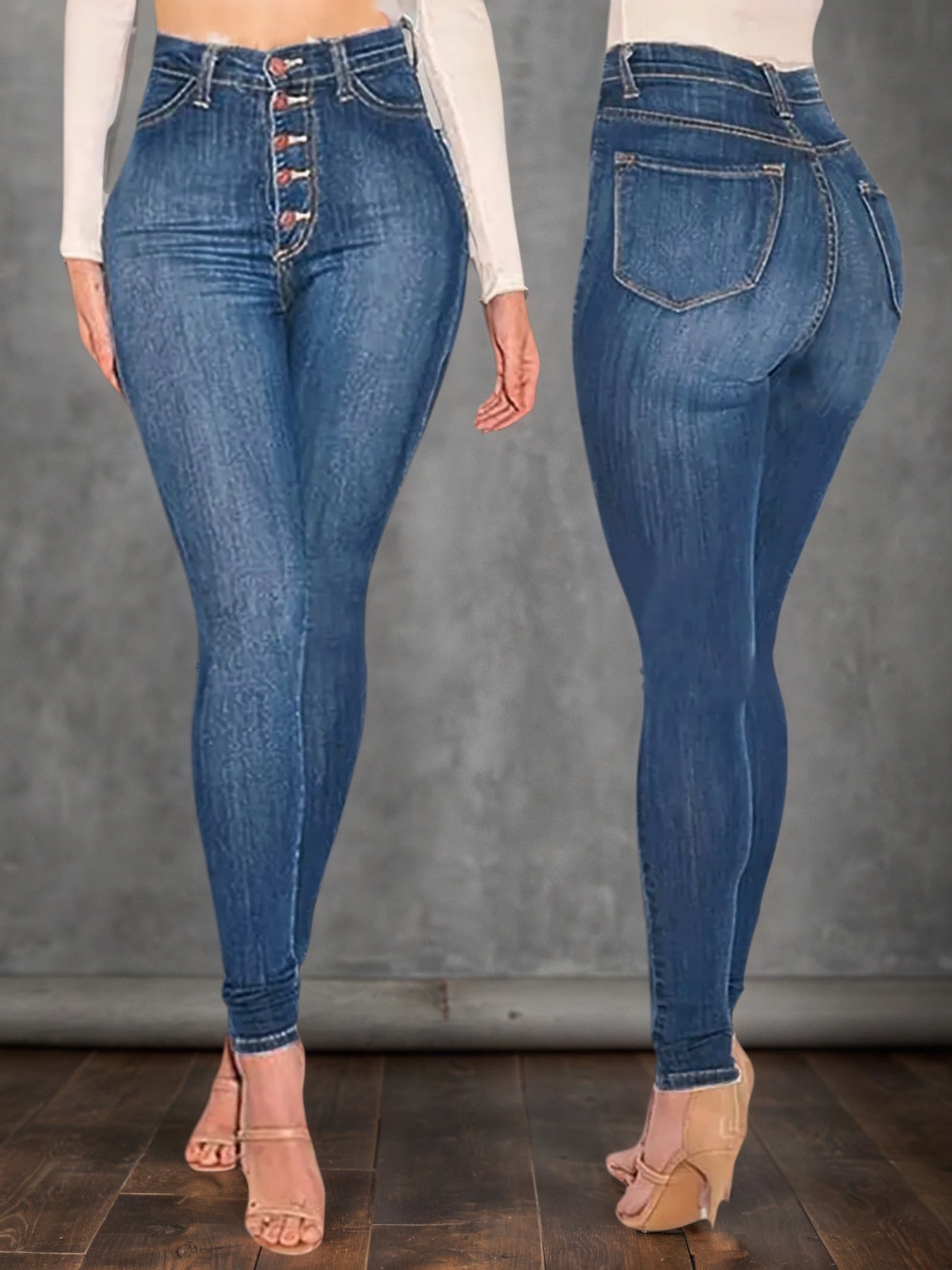 Women's Mid Blue High Waisted Buckle Tight Jeans