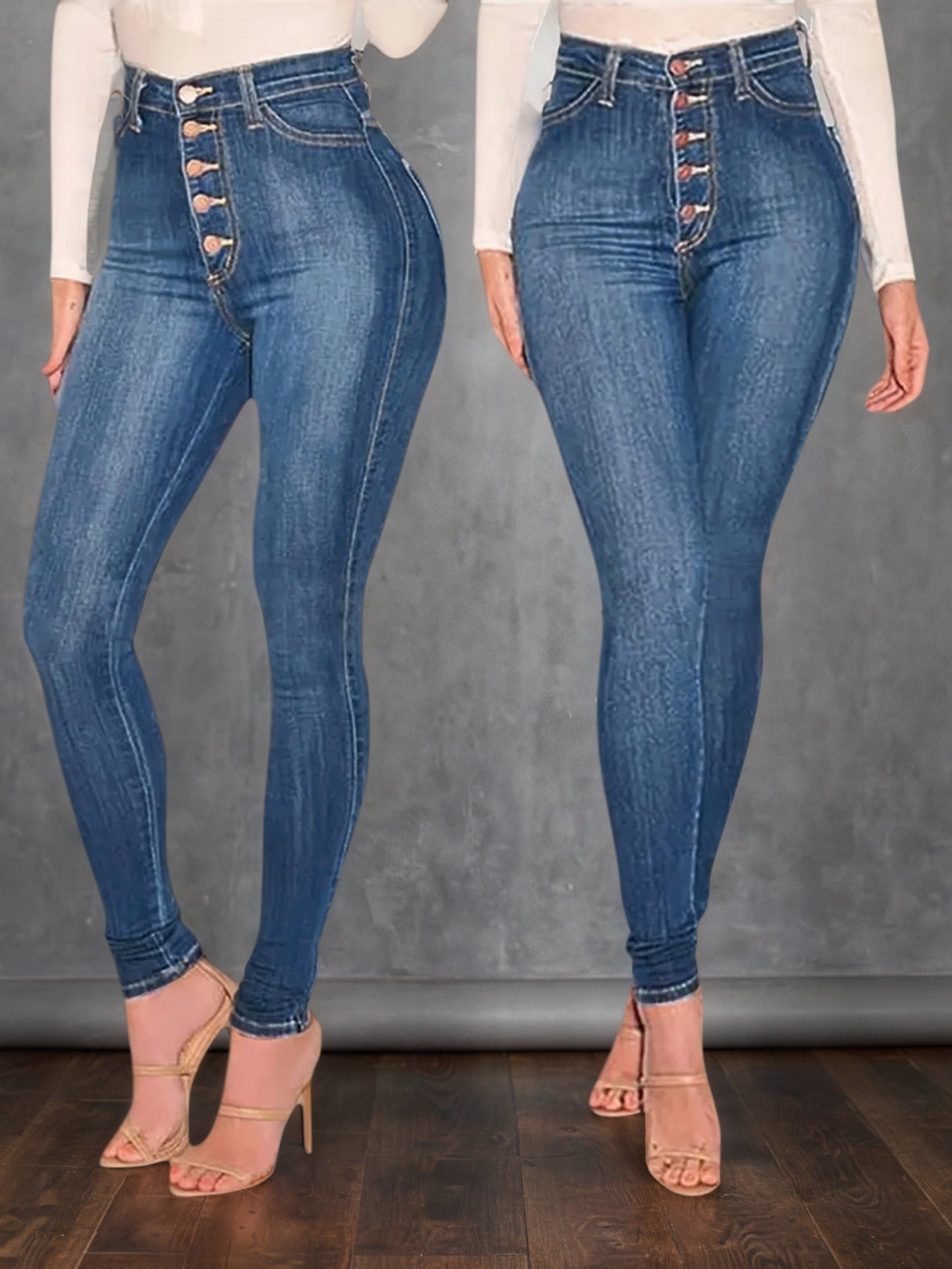 Women's Mid Blue High Waisted Buckle Tight Jeans