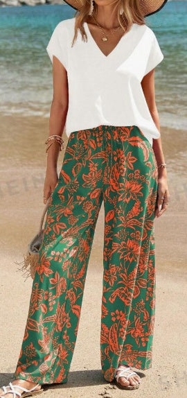 Tropical Print Two-Piece Pants Set