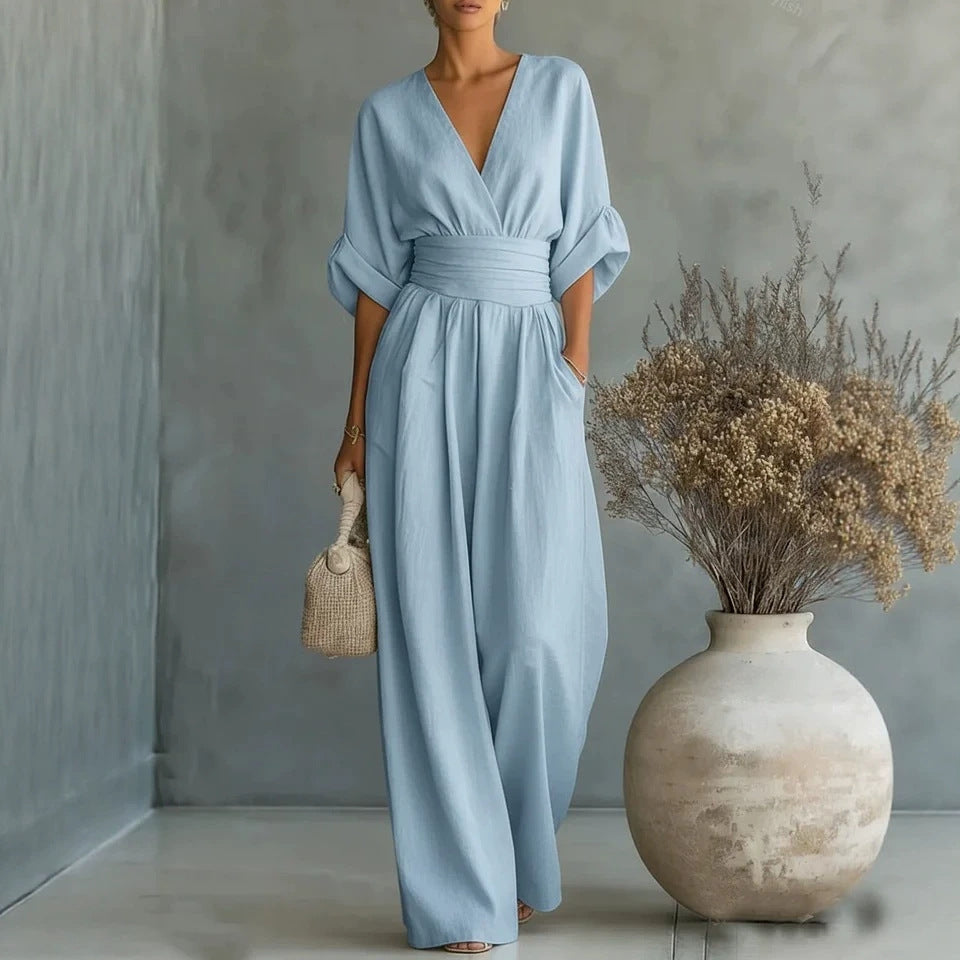 Effortless Grace Wide-Leg Jumpsuit | V-Neck Relaxed Fit Travel Jumpsuit