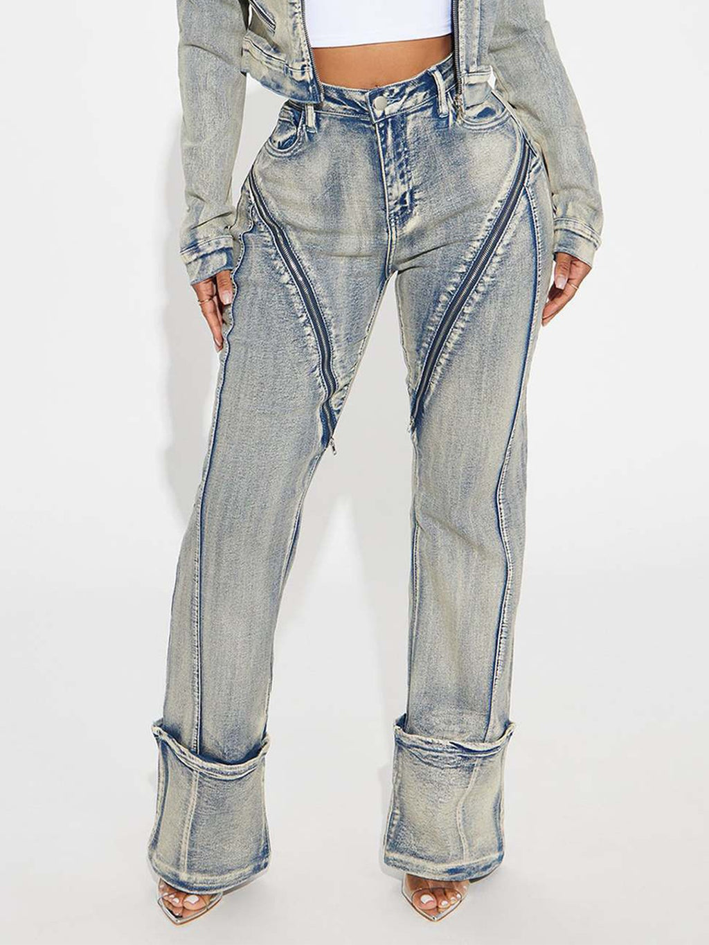 Women's High Elasticity Washed Zipper Denim Pants