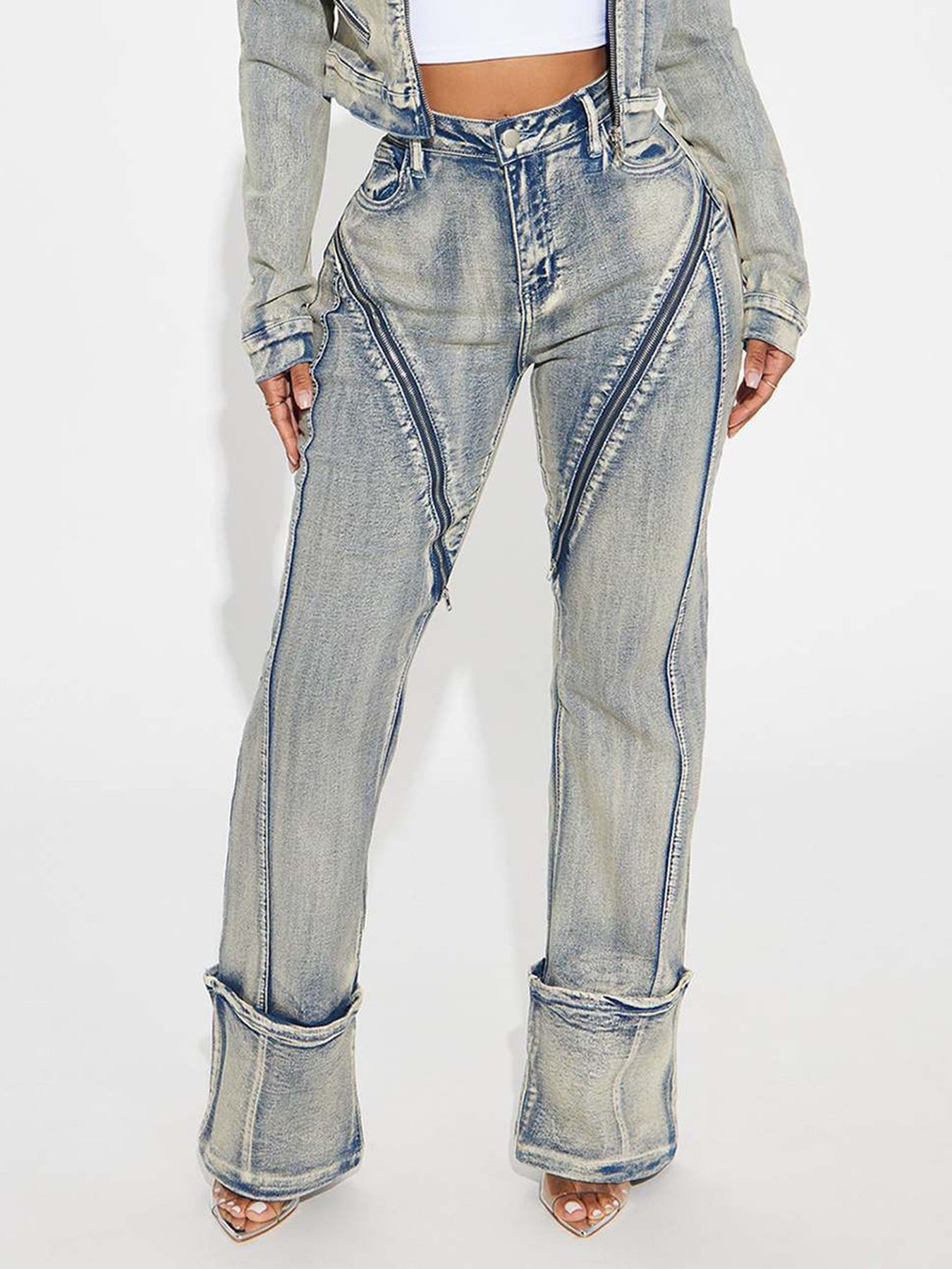 Women's High Elasticity Washed Zipper Denim Pants
