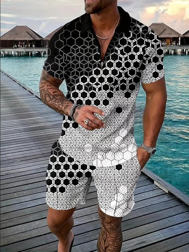 LeJean Resort Polo Short Set | Men's Textured Matching Set