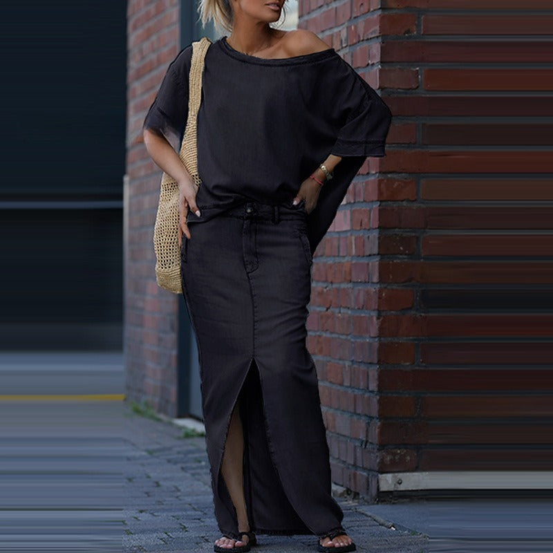 City Chic Two-Piece Skirt Set | Relaxed Top & High-Slit Maxi Skirt Set