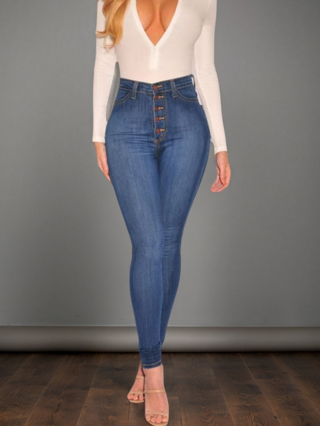 Women's Mid Blue High Waisted Buckle Tight Jeans