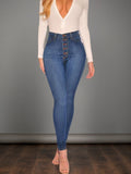 Women's Mid Blue High Waisted Buckle Tight Jeans