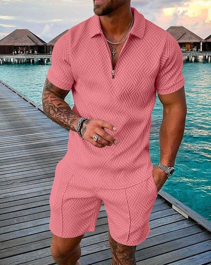 LeJean Resort Polo Short Set | Men's Textured Matching Set