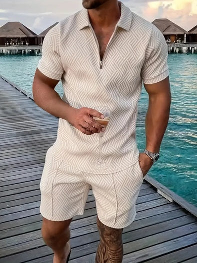 LeJean Resort Polo Short Set | Men's Textured Matching Set