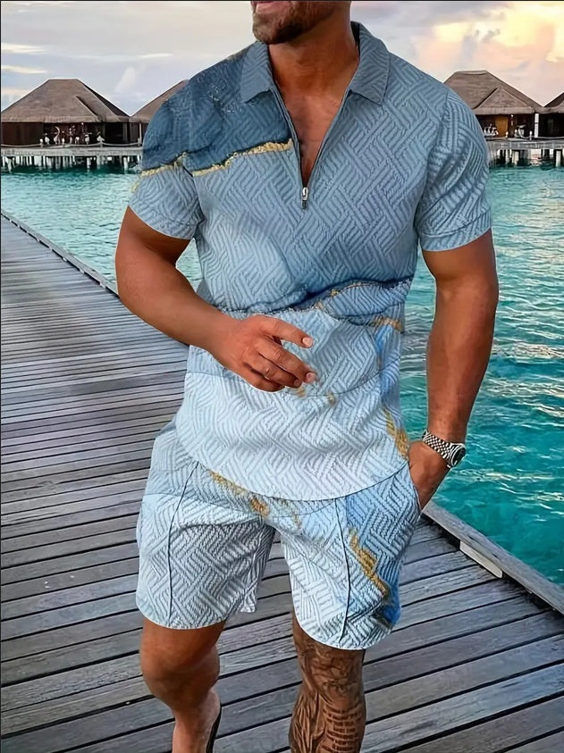 LeJean Resort Polo Short Set | Men's Textured Matching Set