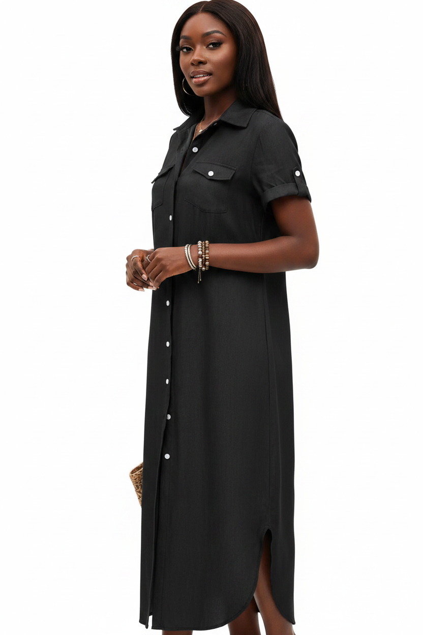 African American model in black denim longline shirt dress