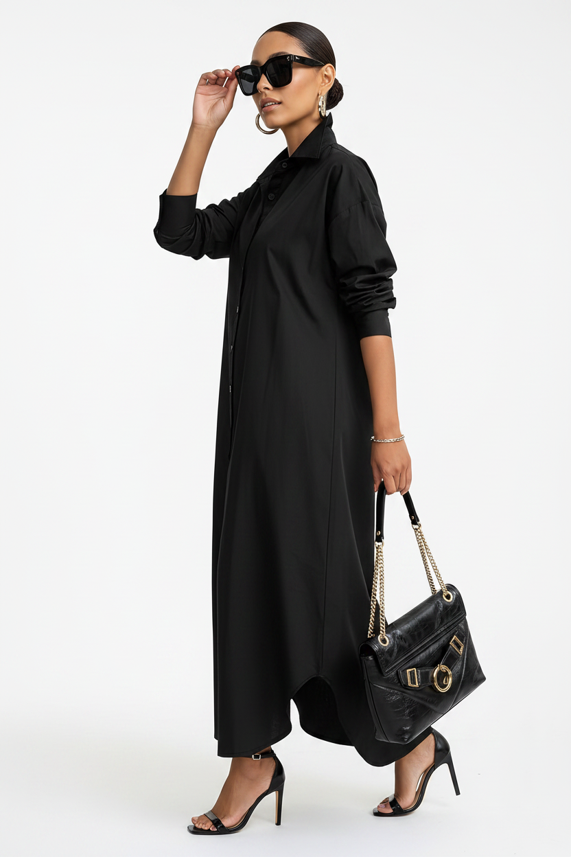 African American model in black long-sleeve casual shirt dress