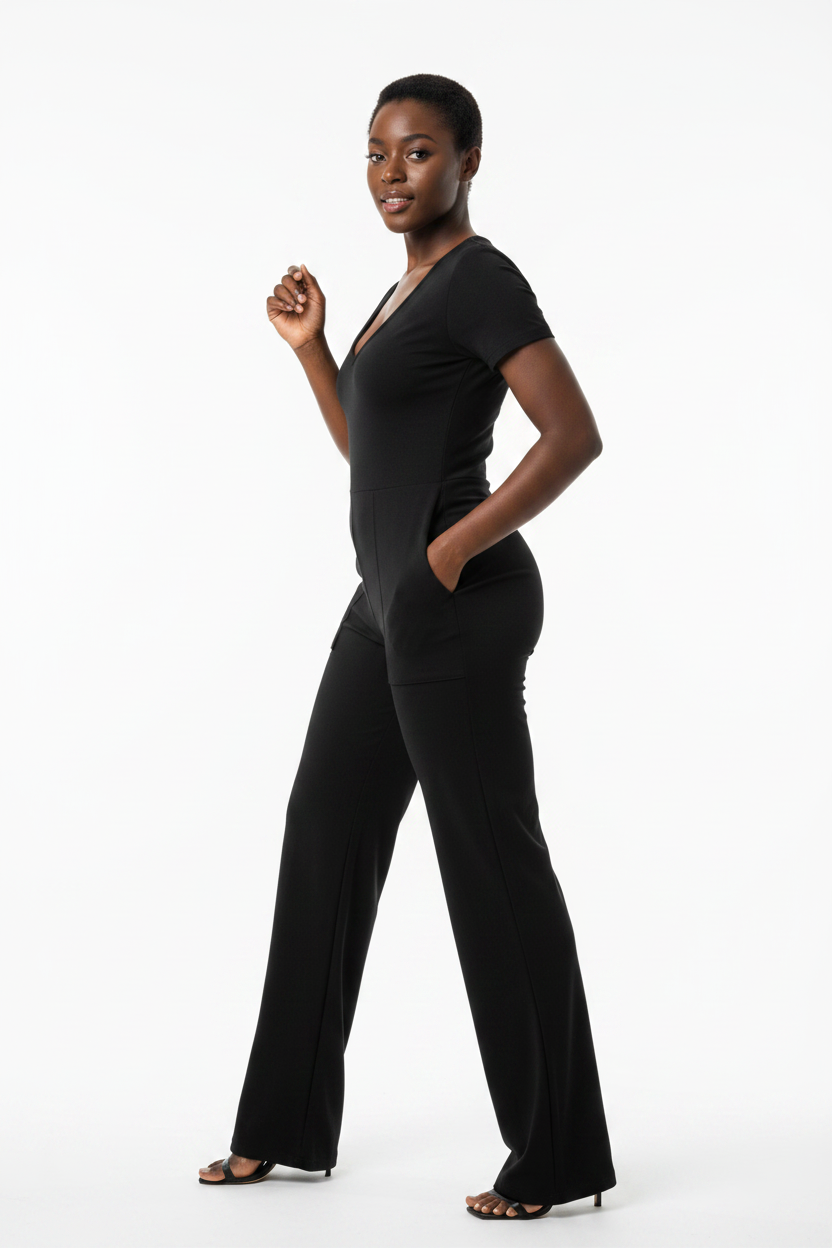 African American model in black V-neck jumpsuit