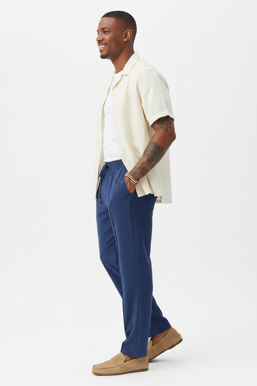African American model in blue Coastal Ease pants
