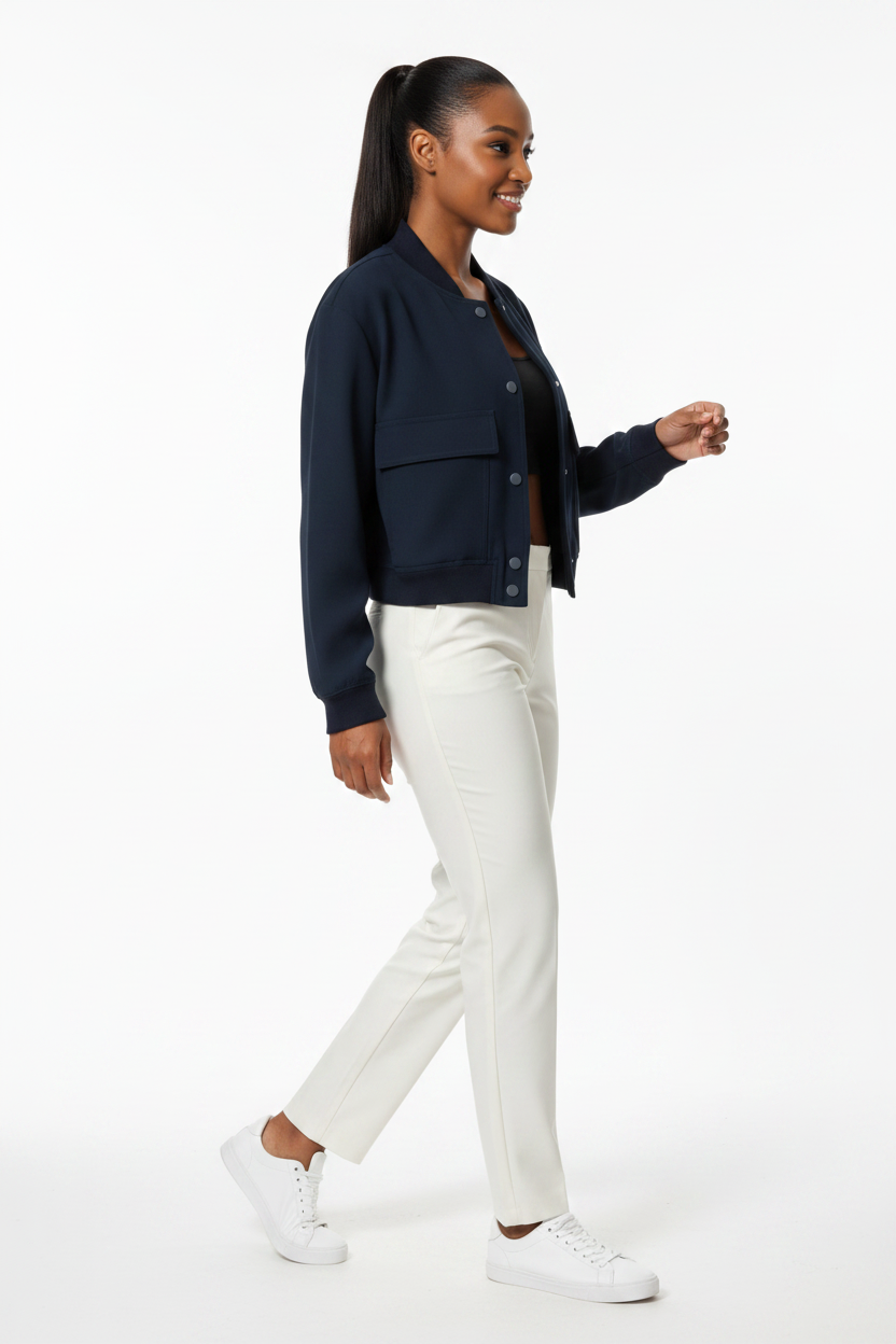 African American model in navy blue City Edge Cropped Jacket