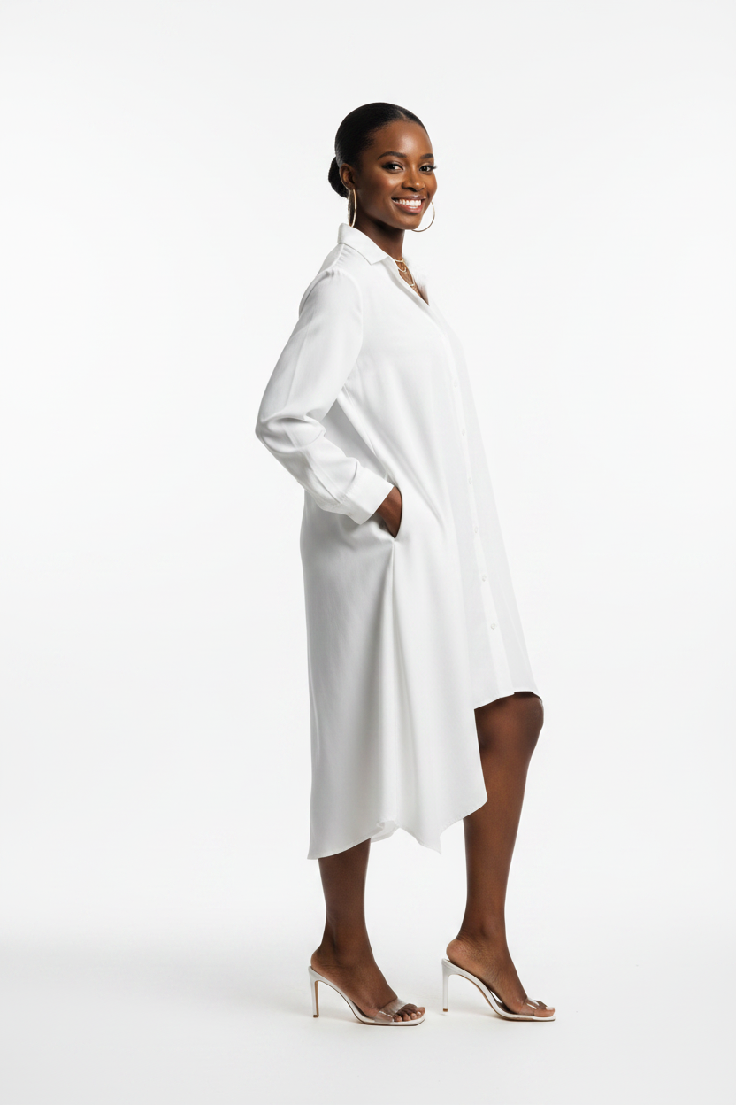 African American model in white long-sleeve casual shirt dress