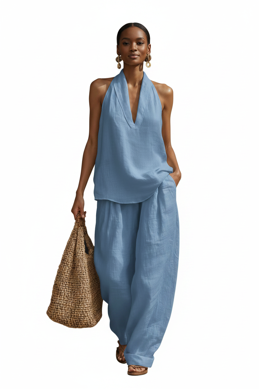 African American Model — Sky Blue V-Neck Halter Set