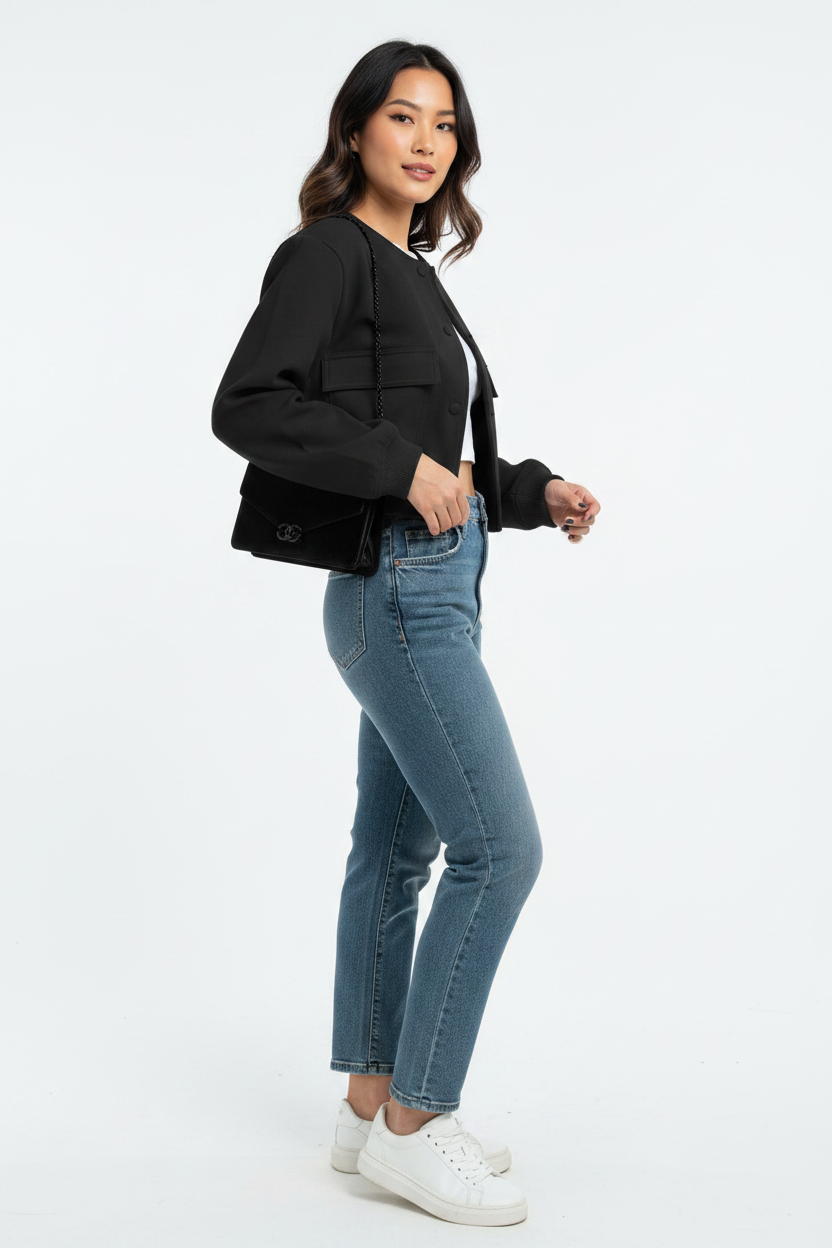 Asian model in black City Edge Cropped Jacket
