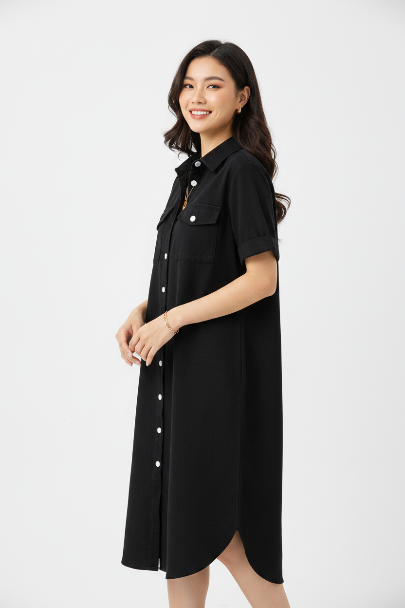 Asian model in black denim longline shirt dress