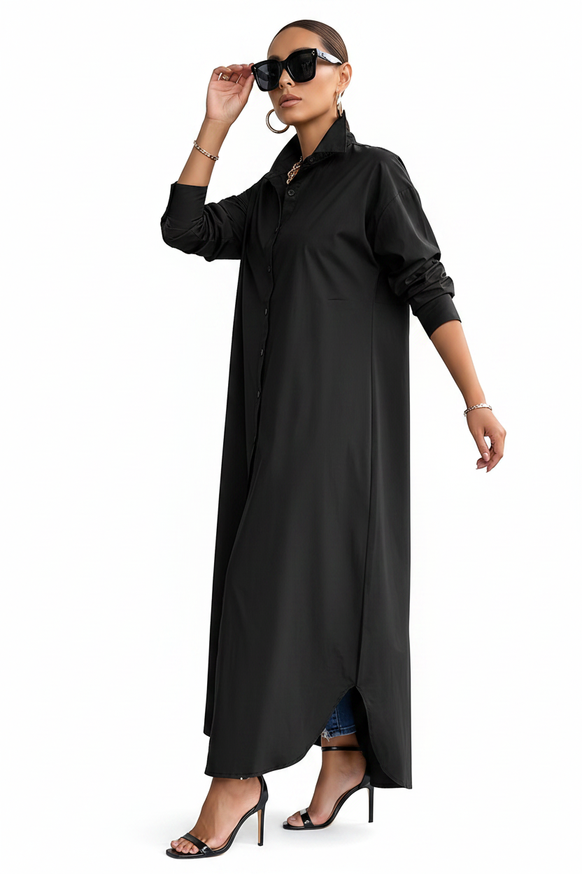 Asian model in black long-sleeve casual shirt dress