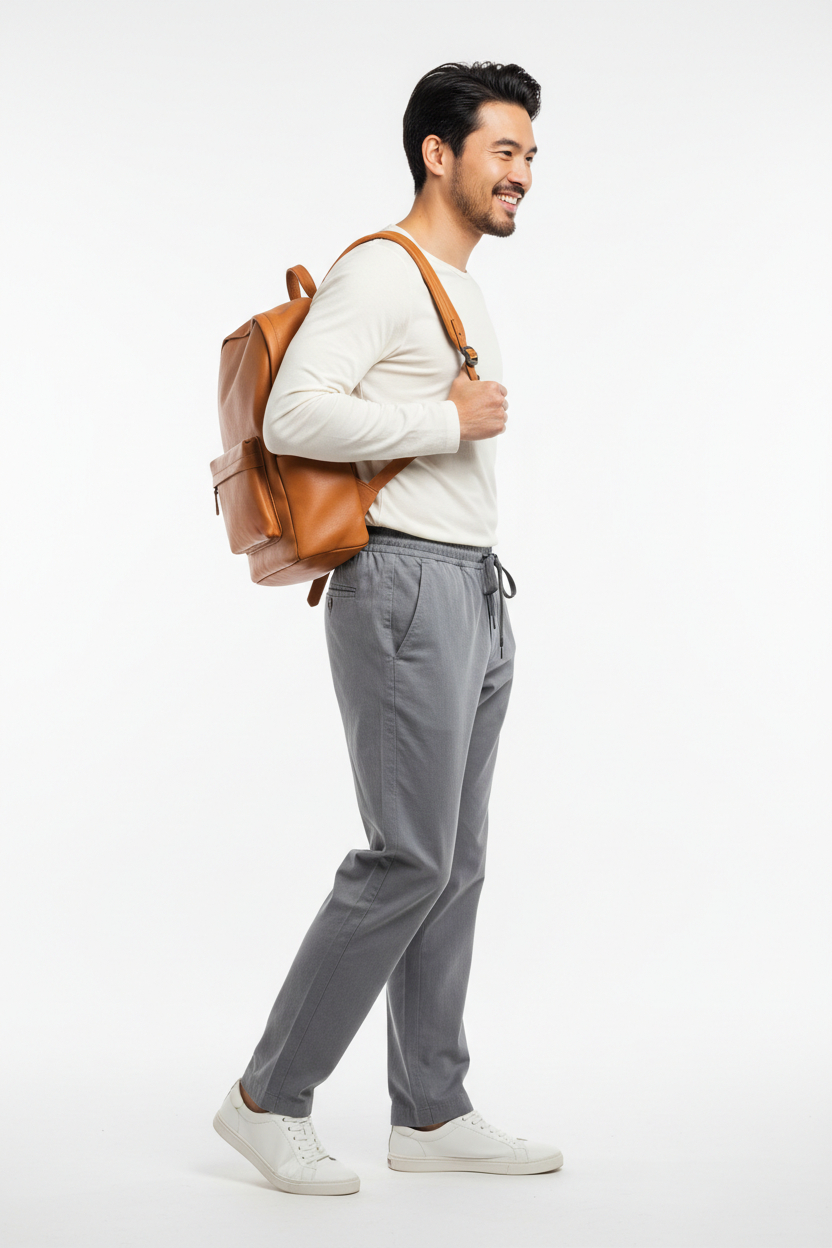 Asian model in grey Coastal Ease pants
