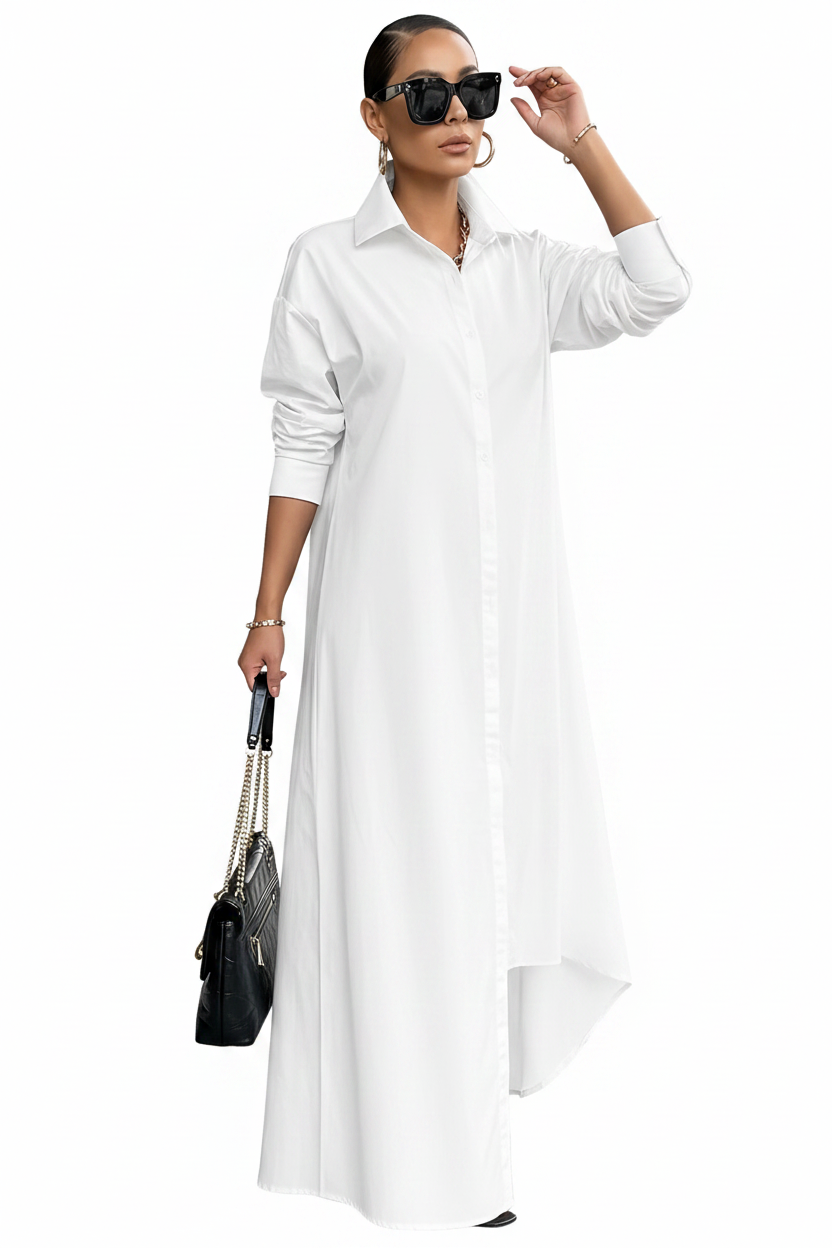 Asian model in white long-sleeve casual shirt dress