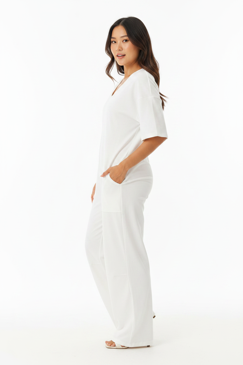 Asian model in white V-neck jumpsuit