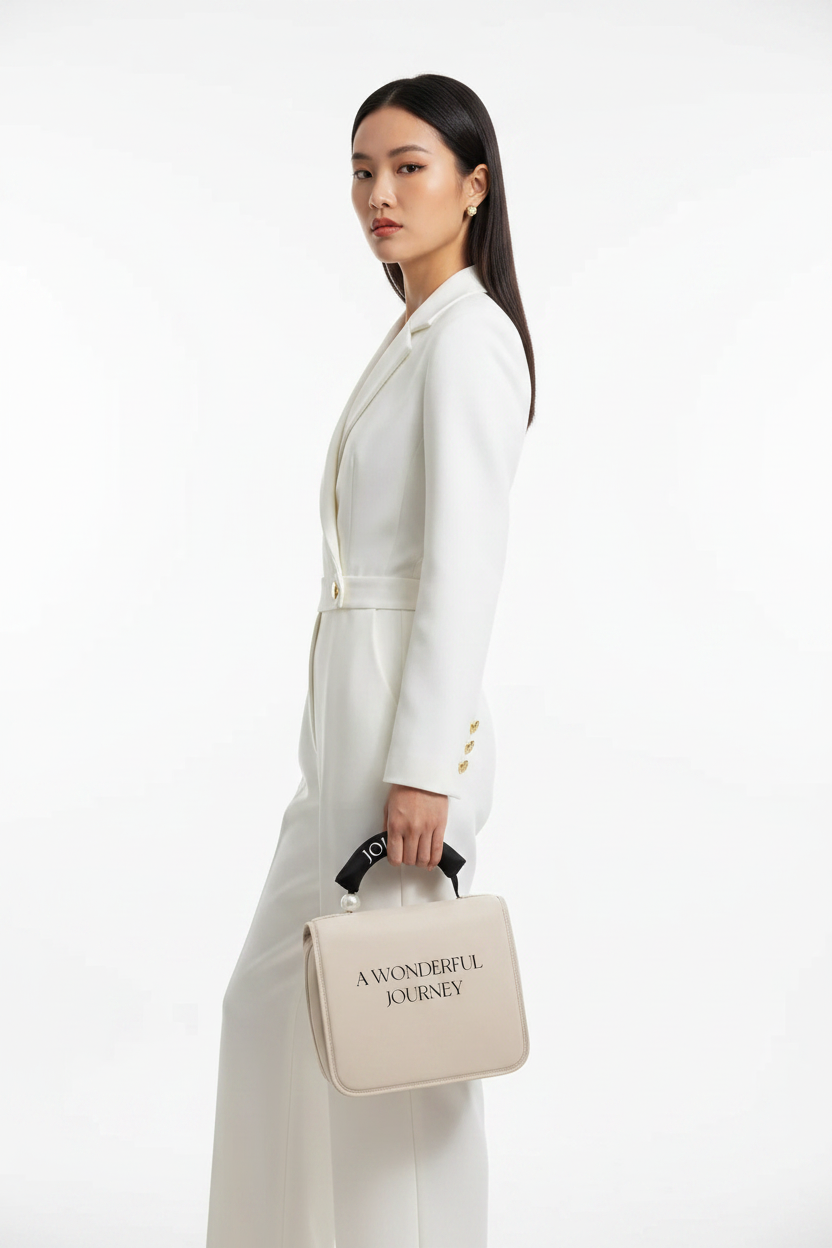 Asian model with beige Pearl Journey Cosmetic Bag