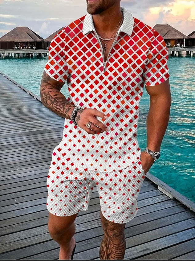 LeJean Resort Polo Short Set | Men's Textured Matching Set