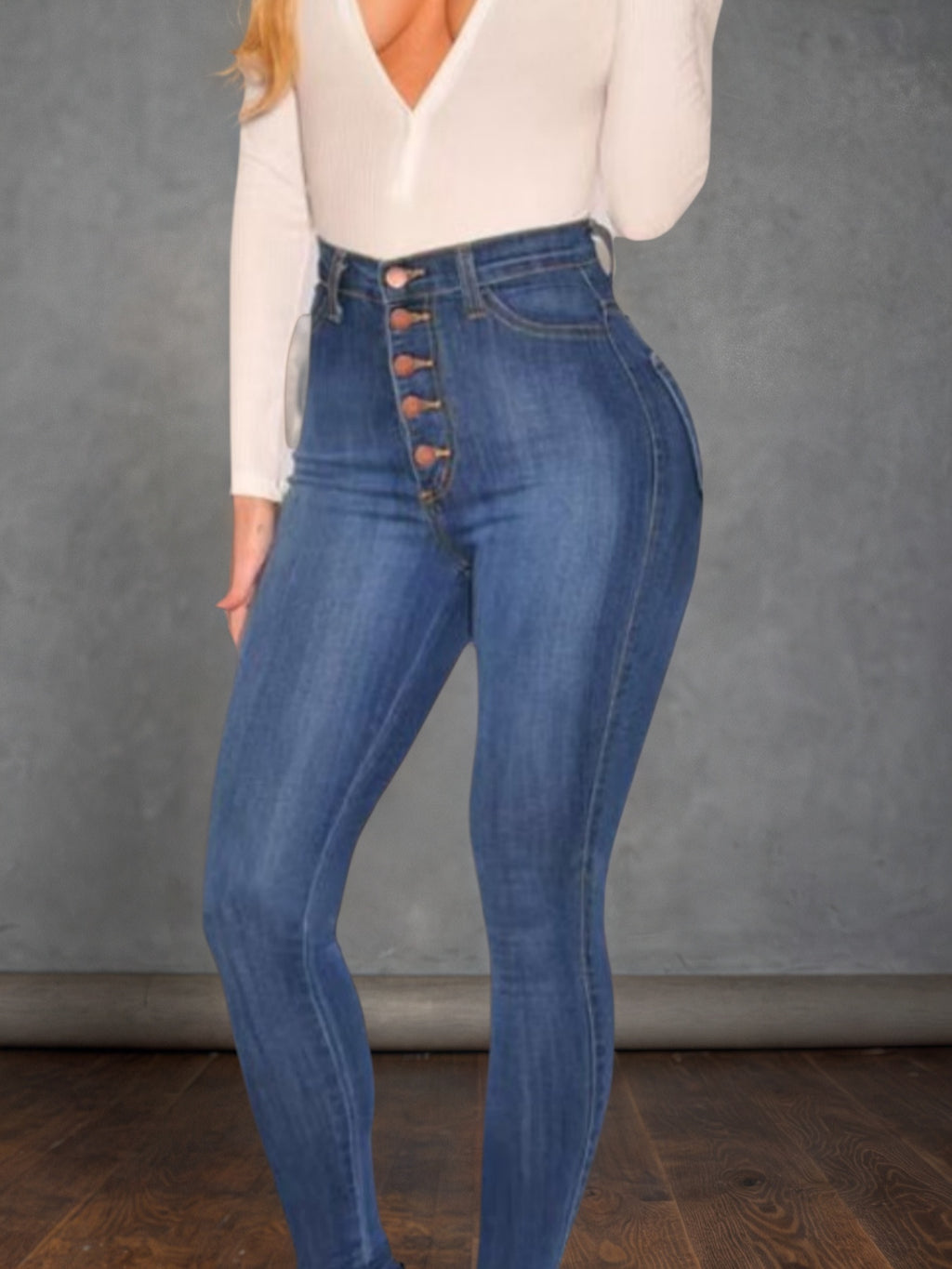 Women's Mid Blue High Waisted Buckle Tight Jeans