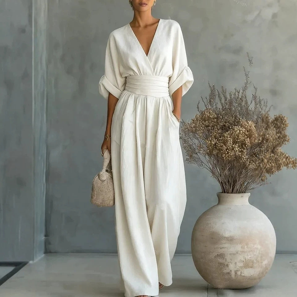 Effortless Grace Wide-Leg Jumpsuit | V-Neck Relaxed Fit Travel Jumpsuit