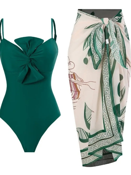 LeJean Tropical Knot Two-Piece Swimsuit | Swimsuit & Wrap Sarong Set