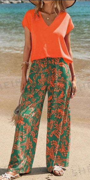 Tropical Print Two-Piece Pants Set