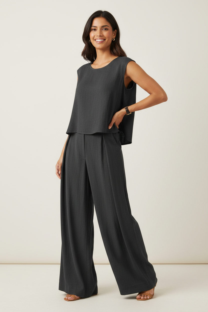 Black Linen Sleeveless Top & Wide-Leg Pants Set